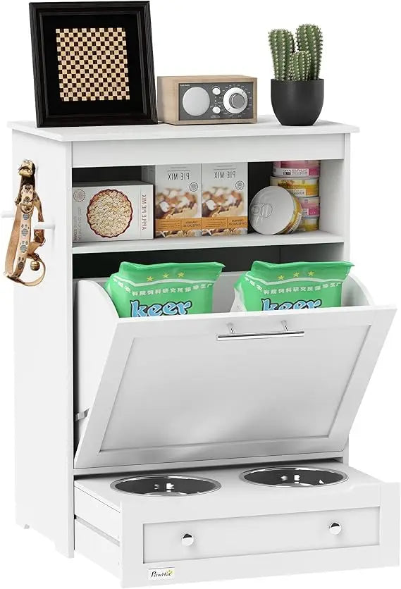 Dog Feeder Cabinet With Raised Bowls And Food Storage