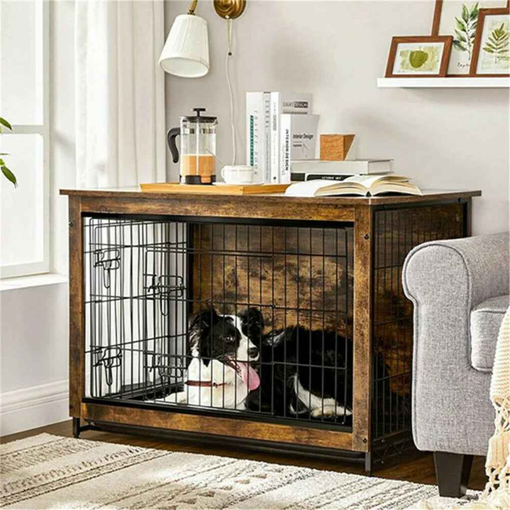 BORWAR Elevated Wooden Dog Crate End Table Kennel With Tray