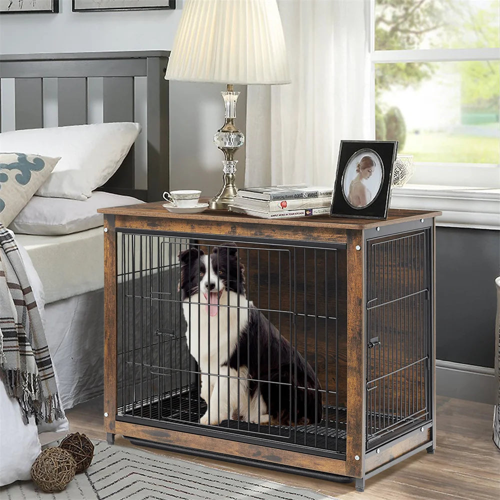 BORWAR Elevated Wooden Dog Crate End Table Kennel With Tray