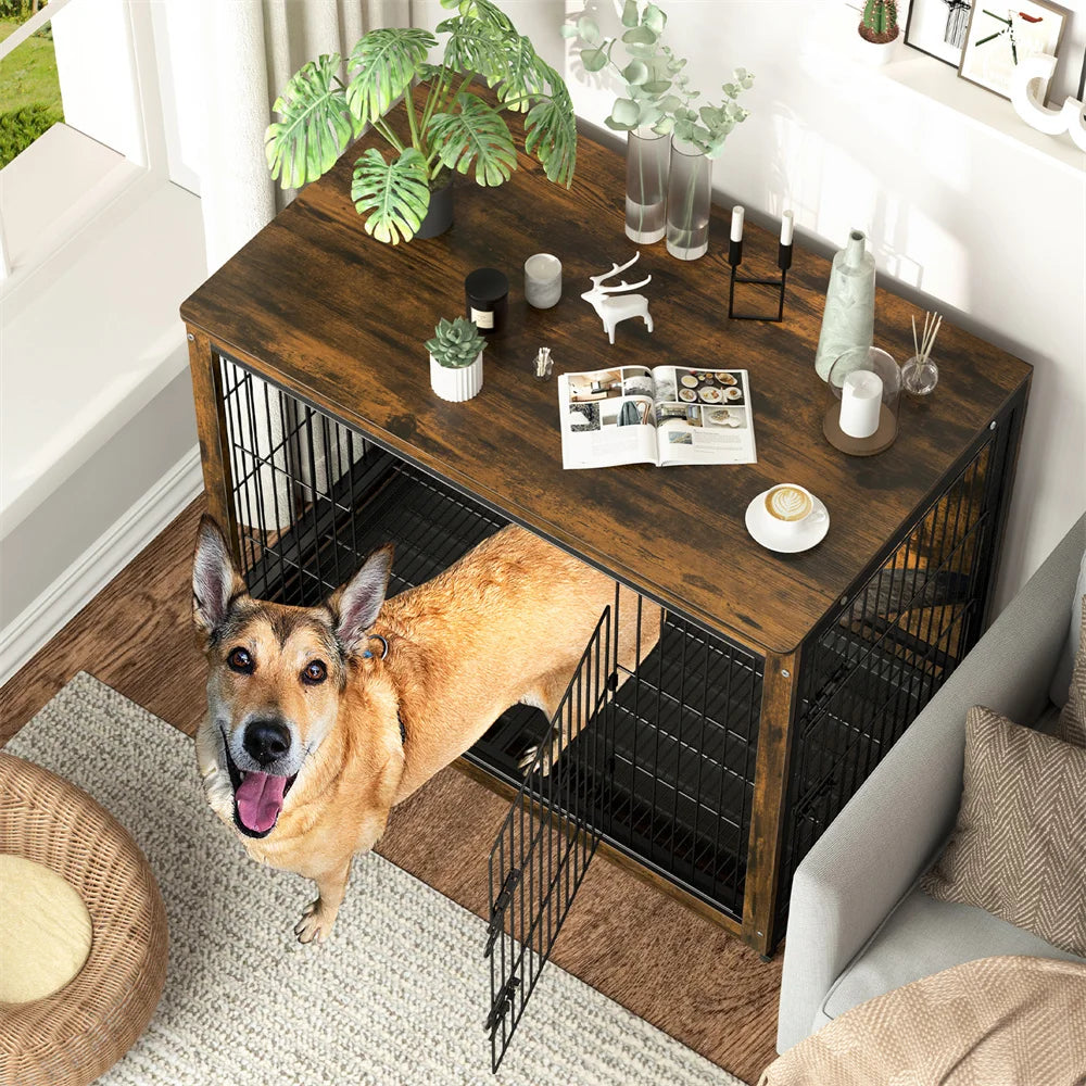 BORWAR Elevated Wooden Dog Crate End Table Kennel With Tray