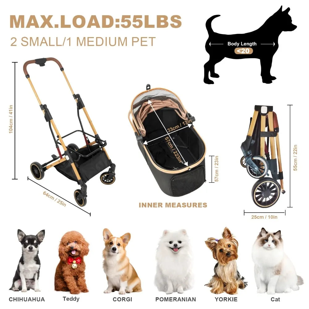 TIFICY Folding Dog Stroller For Small And Medium Pets With 4 Wheels